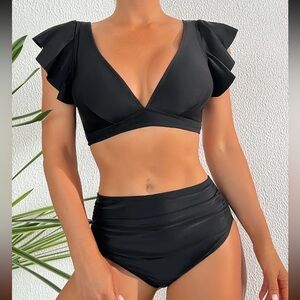 Black Ruffle Sleeve High Waist Bikini Set